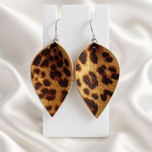 Silver Tone Metal Leopard Animal Print Faux Leather Teardrop Dangle Earrings